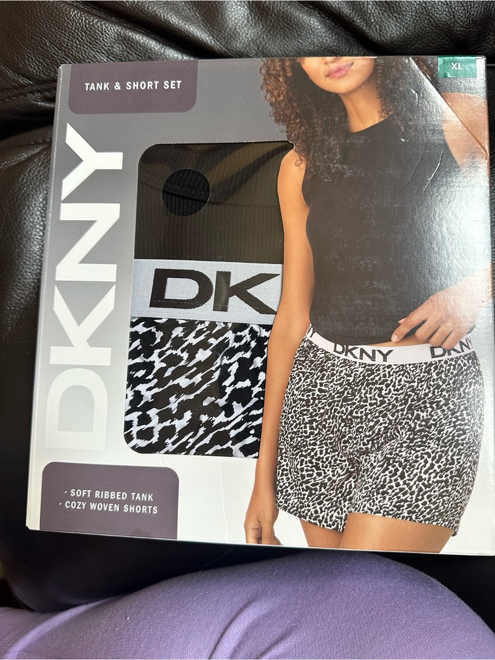 DKNY Black Ribbed Tank with Black & White Animal Print Shorts